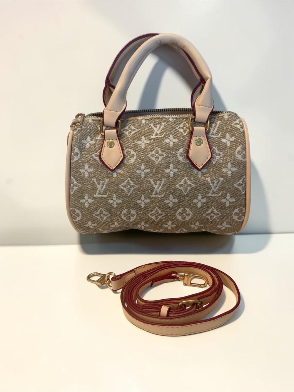 NWOT Source Unknown Beige Monogram Mini Satchel with Red Trim - Picture 5 of 5